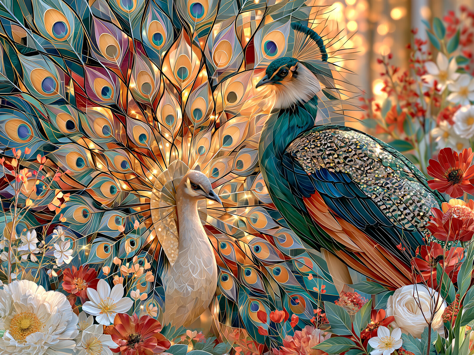 A white peacock and a green peacock in stained glass style, tails fanned among red and white flowers