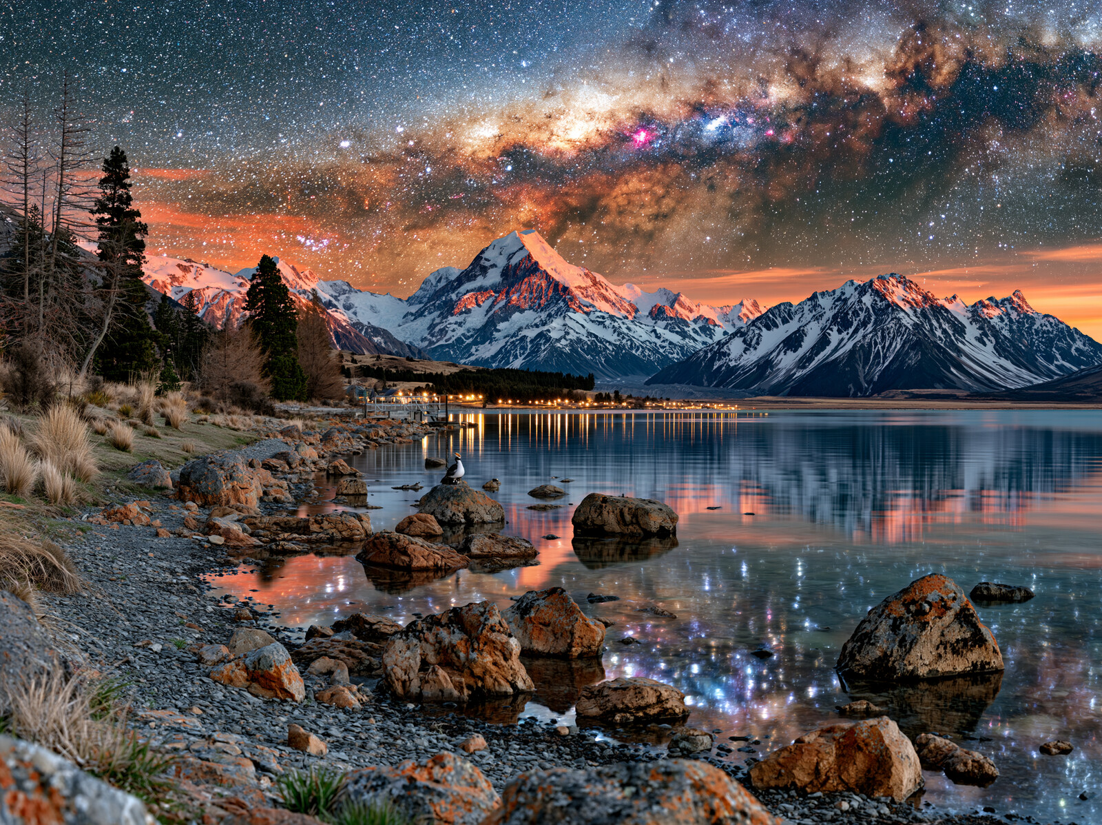 The Milky Way arching over snow-capped mountains and a still lake scattered with boulders at dusk