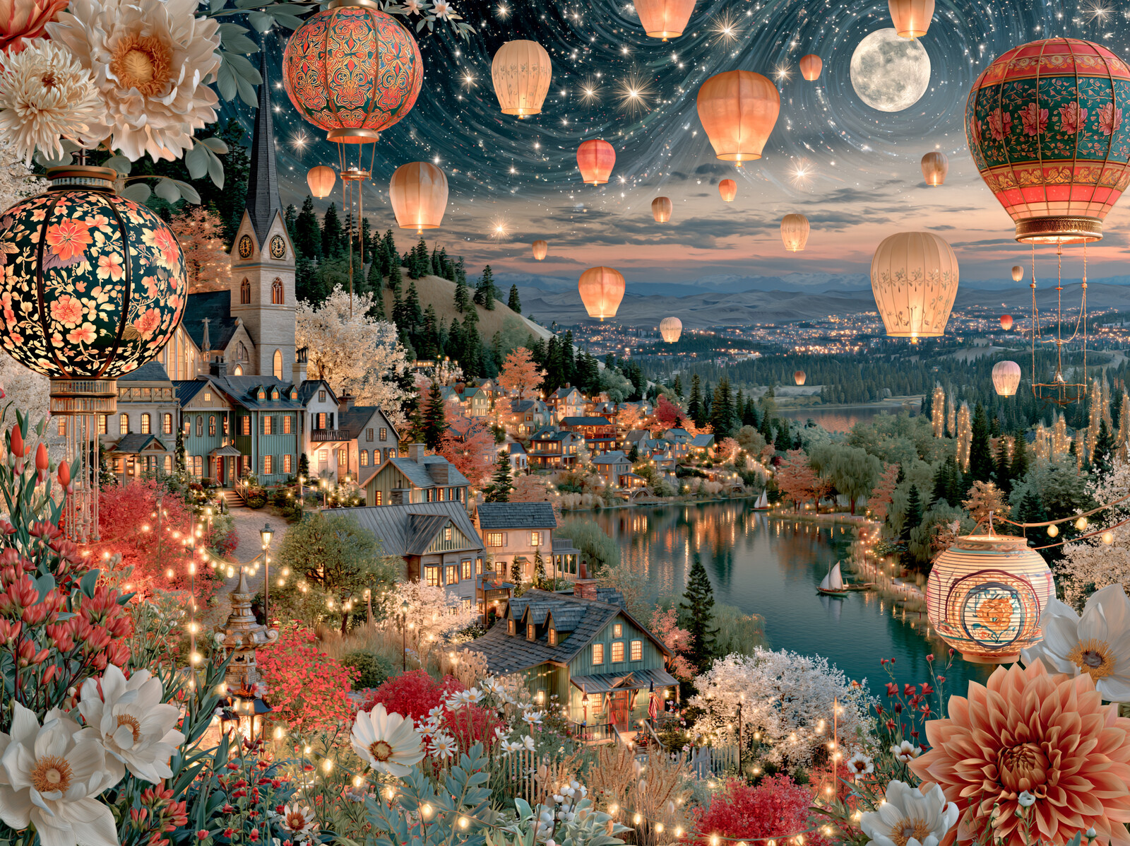 Paper lanterns and a hot air balloon floating over a lakeside town beneath a swirling starry sky