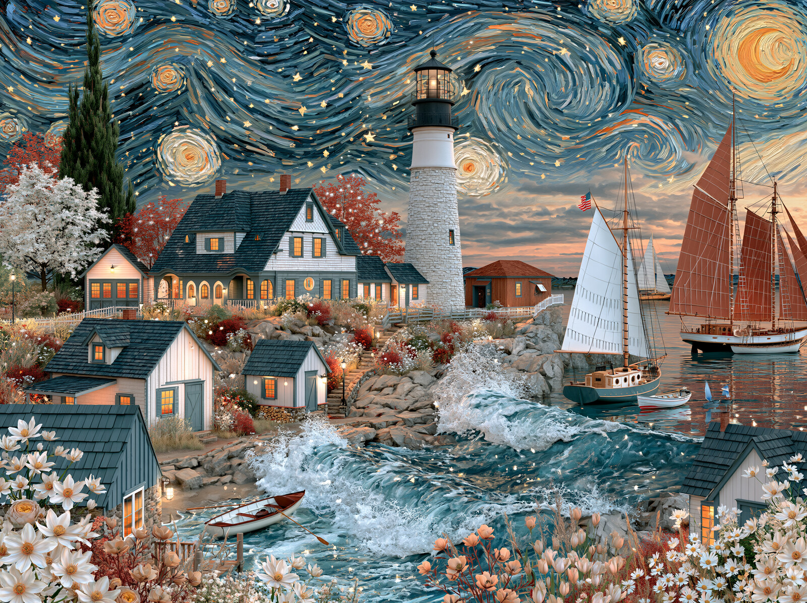 A lighthouse and harbour village with sailing boats on a choppy bay beneath a swirling Starry Night sky