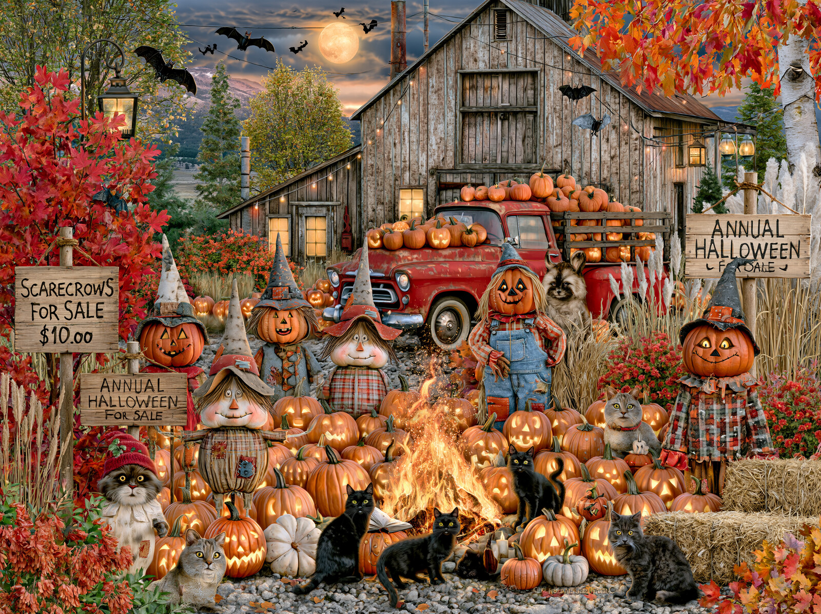 Scarecrows for sale beside a weathered barn, with a red pickup full of pumpkins, a bonfire and black cats under a full moon