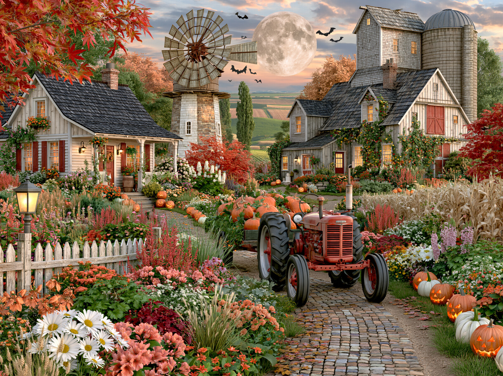 A red tractor and pumpkin trailer on a cobbled farm lane, with a windmill, silos and a rising full moon