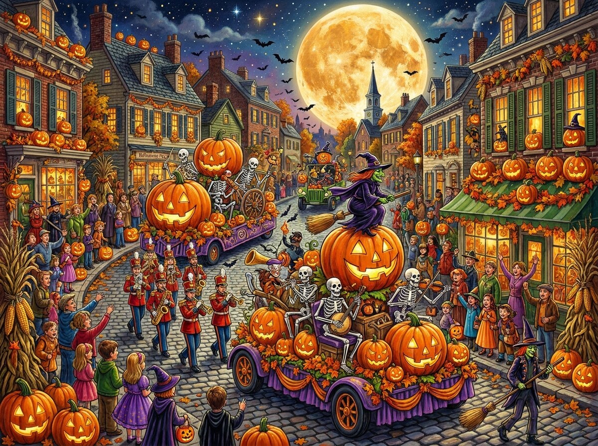 A pumpkin parade float and witch on a broomstick rolling down a moonlit market street