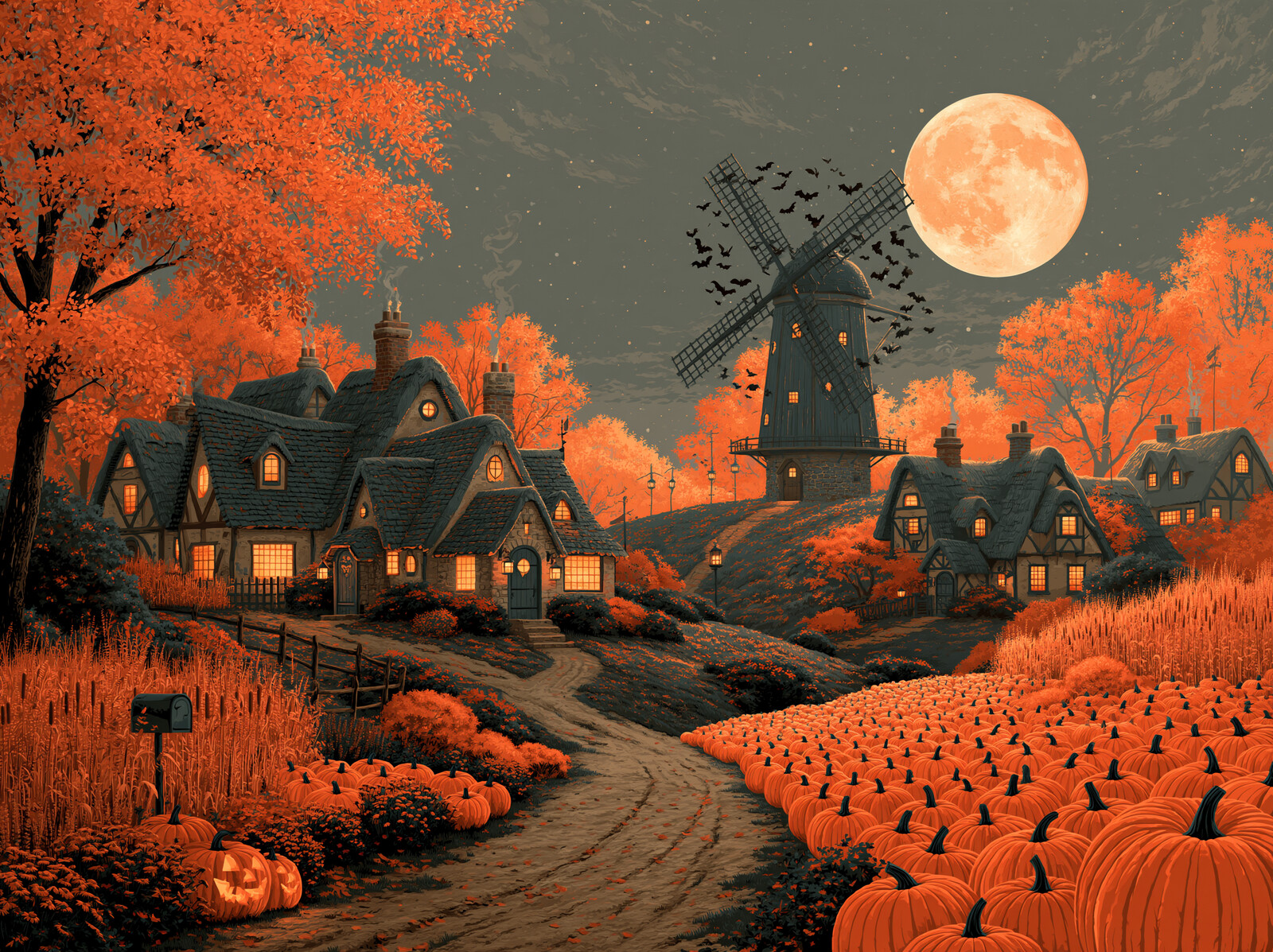 A windmill and lamplit cottages above a pumpkin field under a full moon