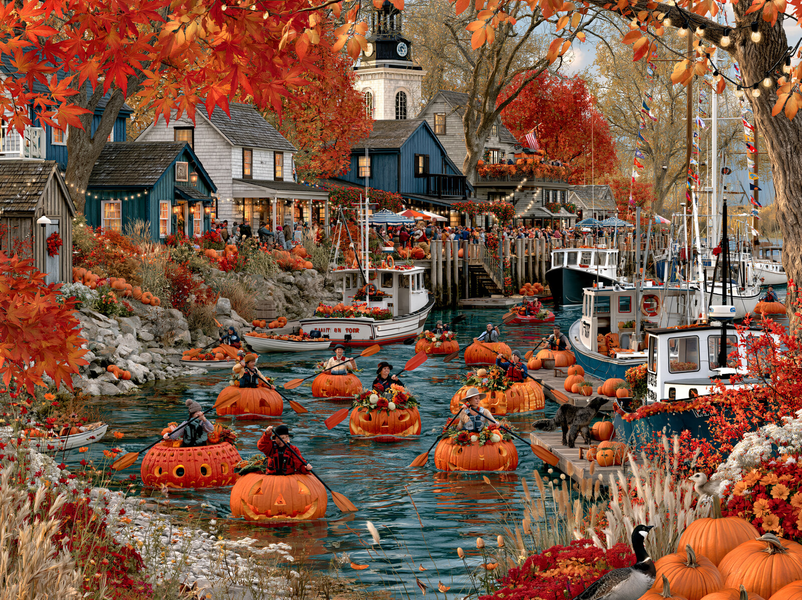 People paddling giant hollowed pumpkins round a harbour village, with boats, a church and autumn trees