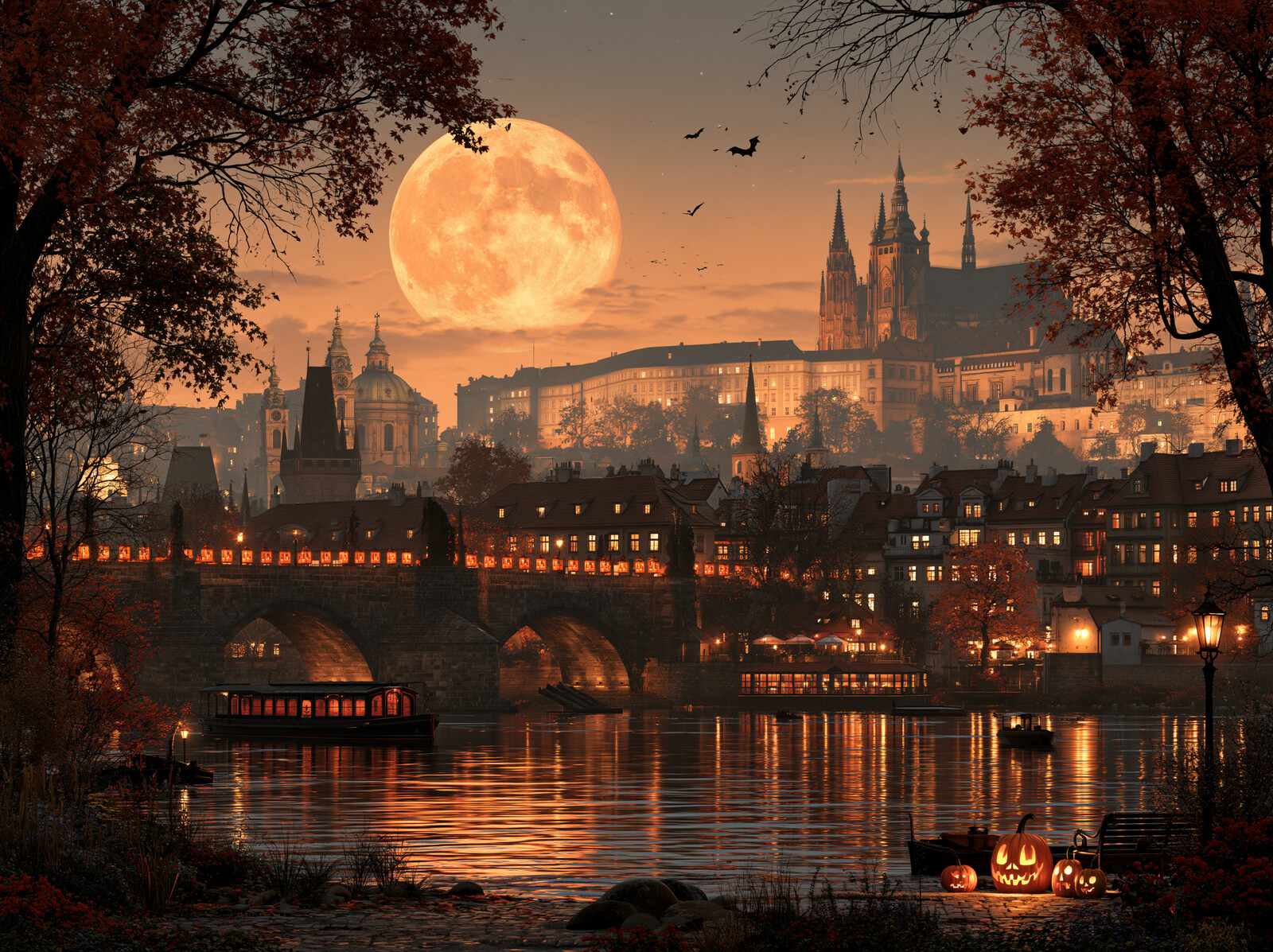 An old stone bridge across a river into a walled town with a castle, under a huge orange moon