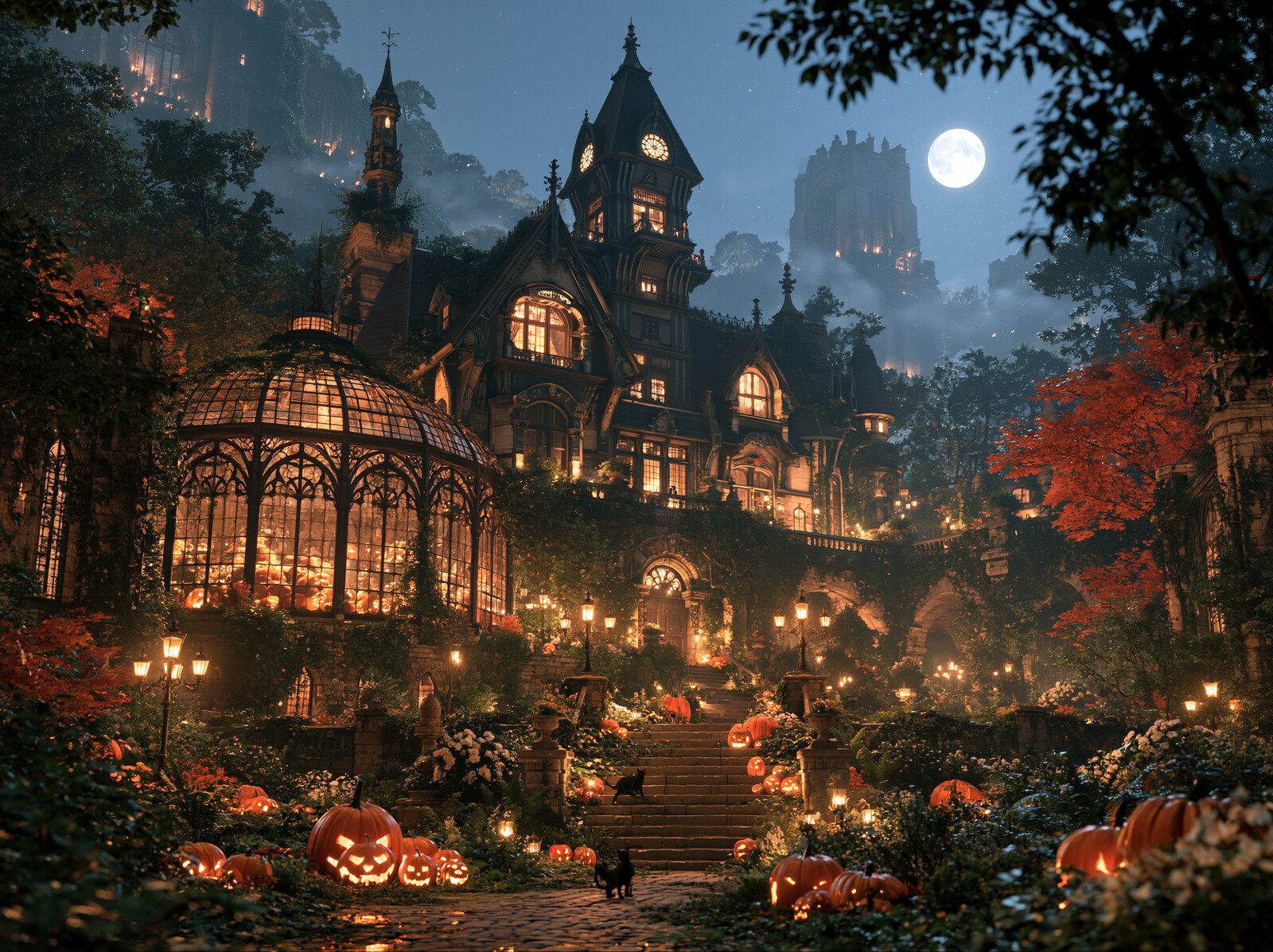 A gothic manor with a glowing glass conservatory and pumpkin-lined steps under a full moon