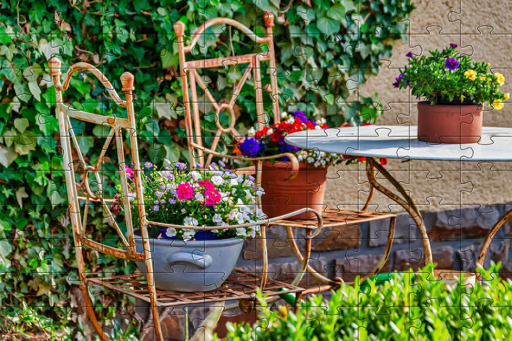 Garden Furniture, seats and flowering plants in pots - Jigsaw picture