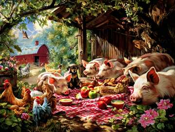 Animals on the farm having a picnic - picture 1