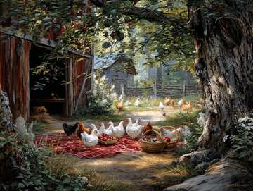 Hens on the farm having a picnic - picture 2