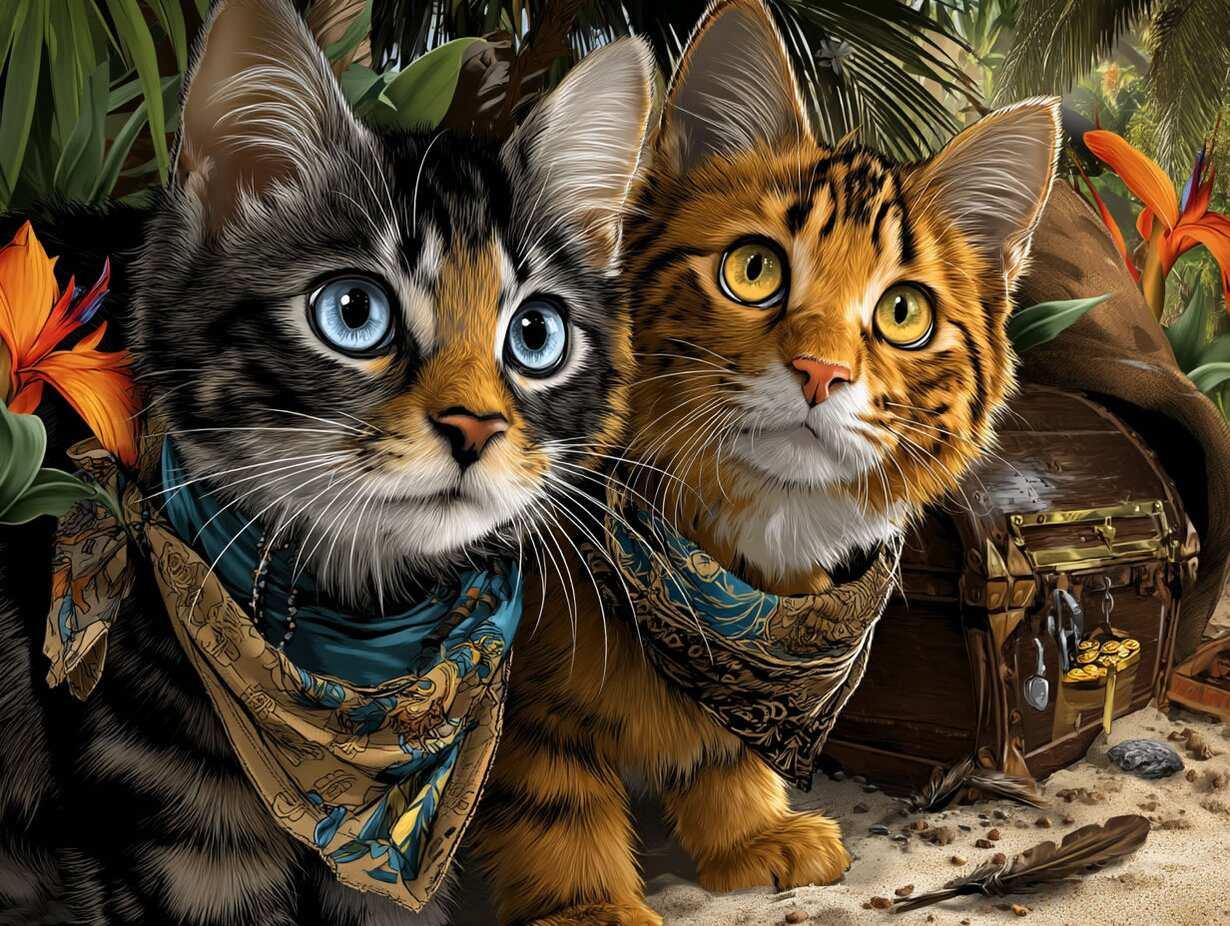 Jigsaw pirates picture — Cats on a desert island in the jungle looking for hidden treasure