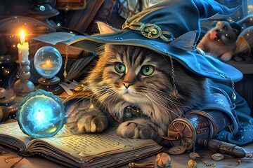 Whiskered mage with glowing grimoire