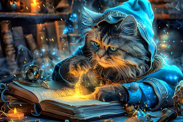 Enchanted cat with ancient tome