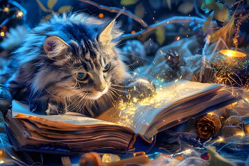 Spellbound cat by glowing book