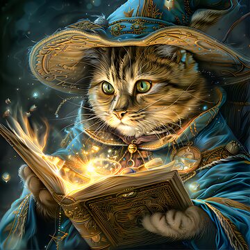 Cat studying an ancient spellbook