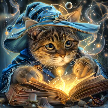 Cat gazing at a glowing tome