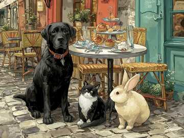 Dogs, Cats & Cute Kittens - A dog, cat, and rabbit sip tea at a cozy outdoor café table, enjoying pastries and warm afternoon sunshine together. Picture 1