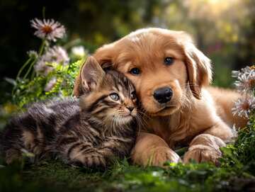 Golden retriever puppy and fluffy tabby kitten tumble joyfully through wildflowers in sunshine—pure innocent play awaits you! - picture 4