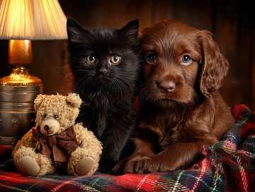 Tiny black kitten and brown puppy share a teddy bear on tartan rug, bathed in lamplight and friendship - picture 6