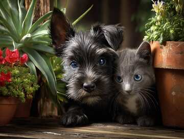 Scottish terrier puppy and grey kitten hide mischievously behind flowerpots on the porch, embracing playful morning freshness together - picture 7
