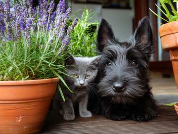 Puppy and kitten play roguishly next to flowerpots, exploring the World together - picture 8