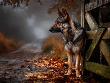 Noble German Shepherd by a rustic gate on a misty autumn morning path - picture 9