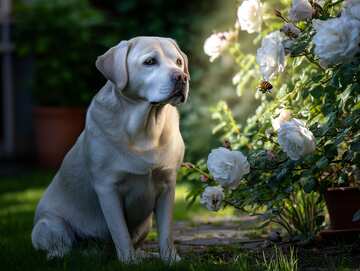 Happy Labrador in a blooming rose garden with dappled sunlight and buzzing bees - picture 9