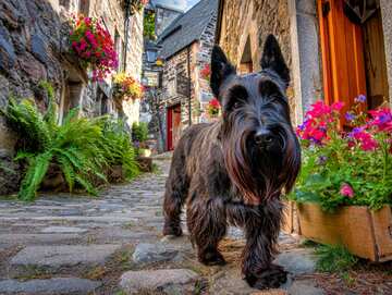 Charming Scottie dog explores a quaint cobbled street lined with cottages and colorful flower baskets! - picture 2