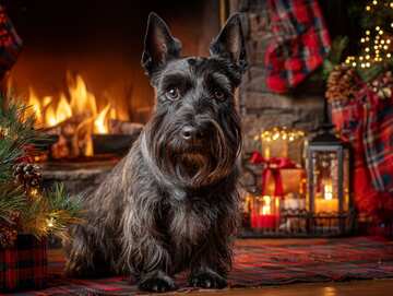 Festive Scottie dog by the hearth with twinkling lights and tartan stockings - pure holiday coziness! - picture 3