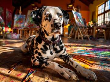 Playful Dalmatian in a sunny artist's studio surrounded by colorful paints and creative chaos - picture 9