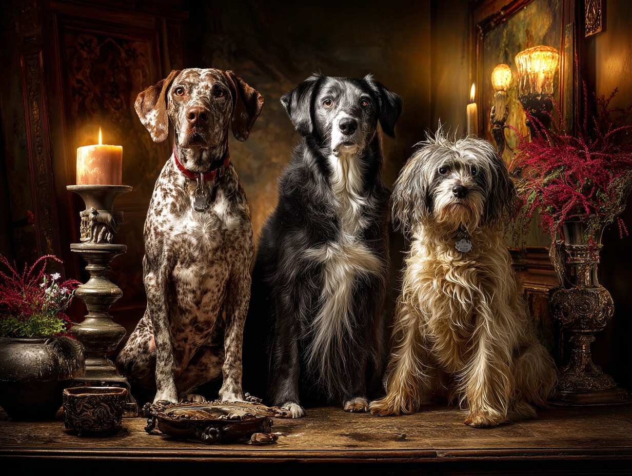 Jigsaw - dogs themed jigsaw puzzle of three dogs sitting for a portrait being painted of them.