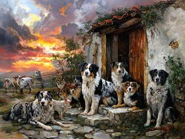 Dog jigsaws 
Evening settles on the farmyard. Animals content, dogs gathered, watching the last light fade together - picture 4
