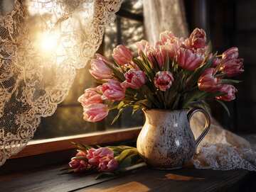Tulip bouquet in a ceramic jug on a sunny farmhouse windowsill, radiating warmth and tranquility - picture 6