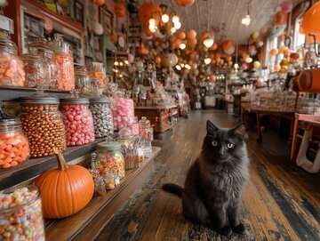 Halloween picture 1 - Cat in a sweet shop with a pumpkin halloween decoration