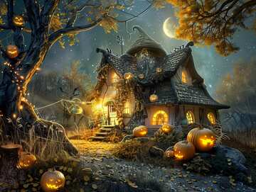 Halloween picture 5 - an inviting haunted house with very inviting lights in a forest