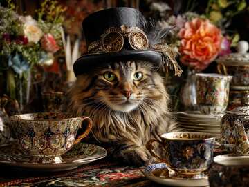 Online jigsaw puzzle - A distinguished cat with a hat having afternoon tea as he waits for his dinner to be made - picture 5
