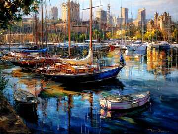 Online jigsaw puzzle - An artist captures Barcelona's marina beauty with colorful boats, shimmering reflections, and warm Mediterranean sunshine - picture 10