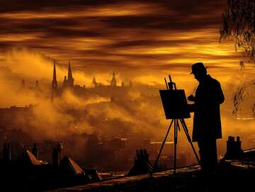 Online jigsaw puzzle - An artist paints Edinburgh's skyline from Calton Hill in golden evening light and dreamy rooftop haze - picture 12