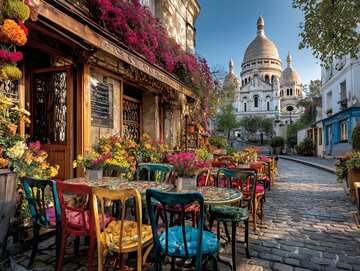 Online jigsaw puzzle - Charming Montmartre café with colorful chairs and flowers overlooks cobbled streets and distant Sacré-Cœur basilica - picture 13