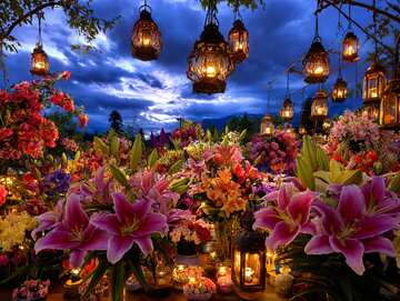Online jigsaws  - Beautiful flowering lilies in a garden with lanterns lighting up the night - picture 18