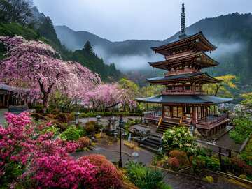 Online jigsaws - a peaceful pagoda scene surrounded by pink cherry blossoms and misty mountains beyond. - picture 19