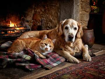 Online jigsaws - an older Golden retriever and ginger cat rest peacefully together by a crackling fireplace on tartan - picture 27