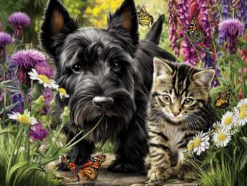Online jigsaws - A Scottish terrier and tabby kitten play together among colorful flowers as butterflies dance overhead - picture 28