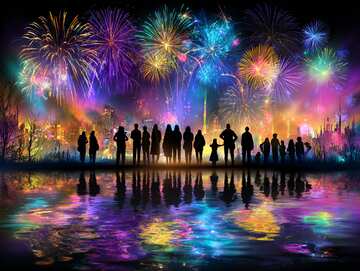 Online jigsaws - Brilliant New Year fireworks illuminate the city skyline, casting colorful reflections across the water as crowds gather - picture 29