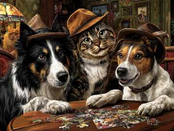 Online jigsaw puzzle - Two dogs and a cool cat playing a jigsaw puzzle game - picture 2