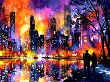 Online jigsaws - Vibrant fireworks explode above the city as spectators watch the dazzling display reflected in the river - picture 13