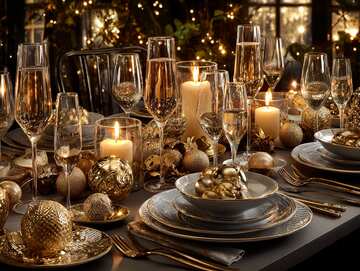 Online jigsaws - Candlelight and champagne set an elegant New Year's table adorned with shimmering golden decorations and promise - picture 31
