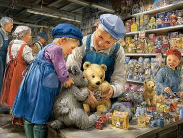Online jigsaws - Pictorial of a nostalgic 1940s toy shop displays teddy bears and tin toys on colorful shelves filled with Christmas cheer - picture 32
