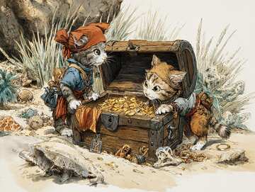 Online jigsaw puzzle - Pictorial of two adventurer cats finding pirates gold on a desert island - picture 6