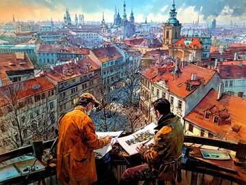 Online jigsaw puzzle -  Artist painting Prague rooftops from Letná Park - picture 8